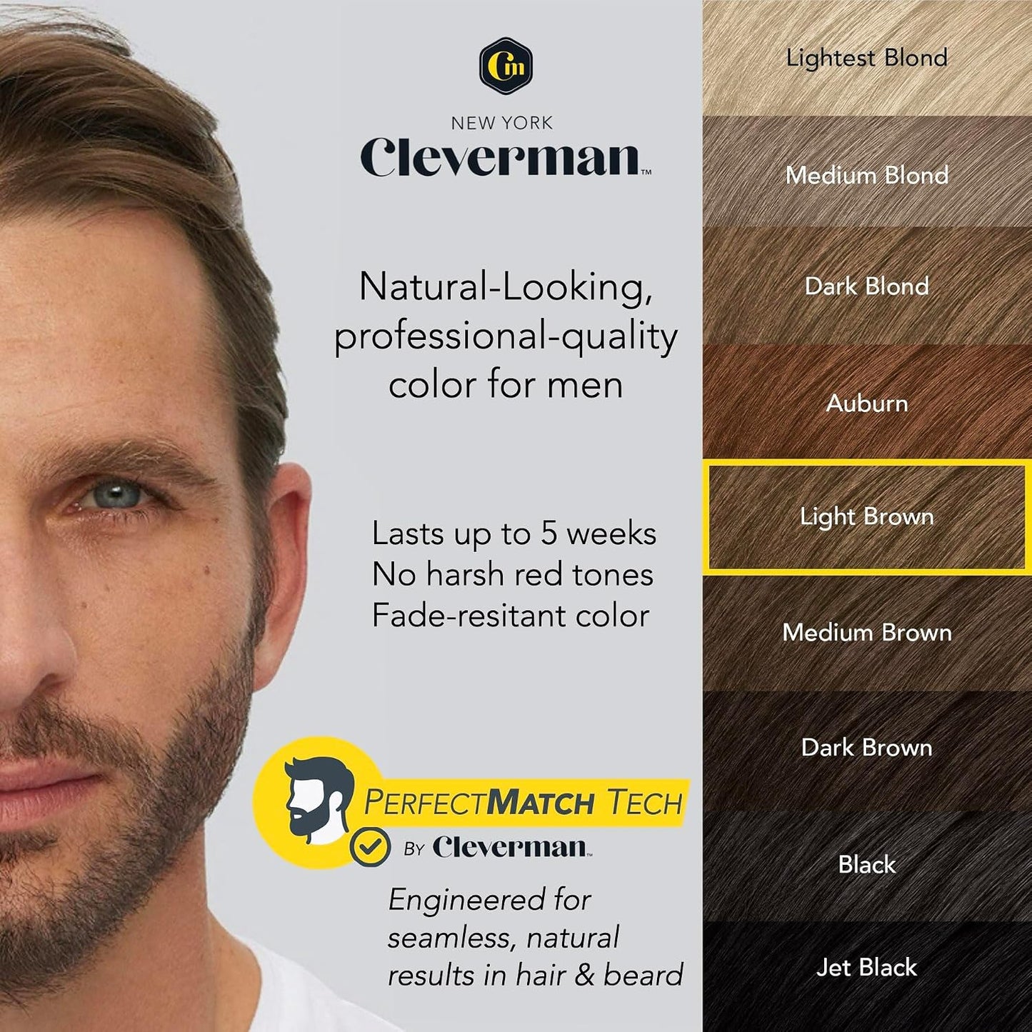 Cleverman Reusable Hair & Beard Dye for Men - Light Brown | Natural Gray Coverage, No-Drip Cream, 5 Uses in 7 Minutes