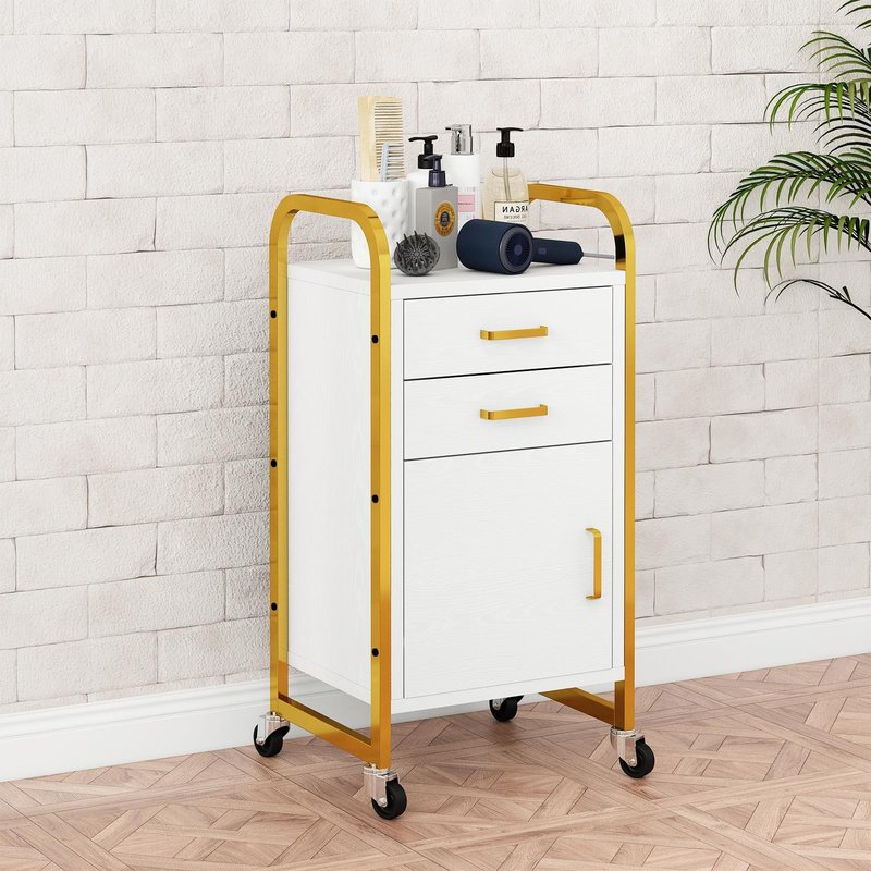 4ever2buy Salon Station for Hair Stylist, Rolling Salon Trolley Cart with Wheels, Beauty Barber Station with 2 Drawer & Cabinet, Mobile Storage Cabinet for Barbershop, Spa&Tattoo, White and Gold