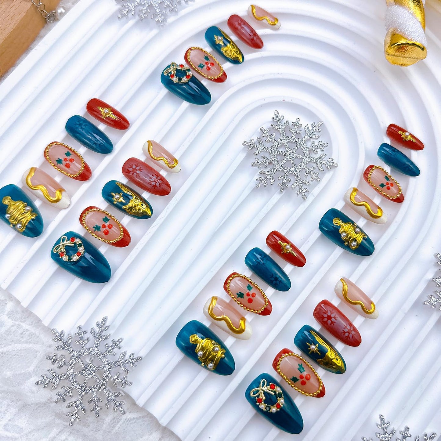 Christmas Press-On Nails - Medium Almond Acrylic Tips with Tree Wreath, Gold Beads & Rhinestones | Winter Holiday Design