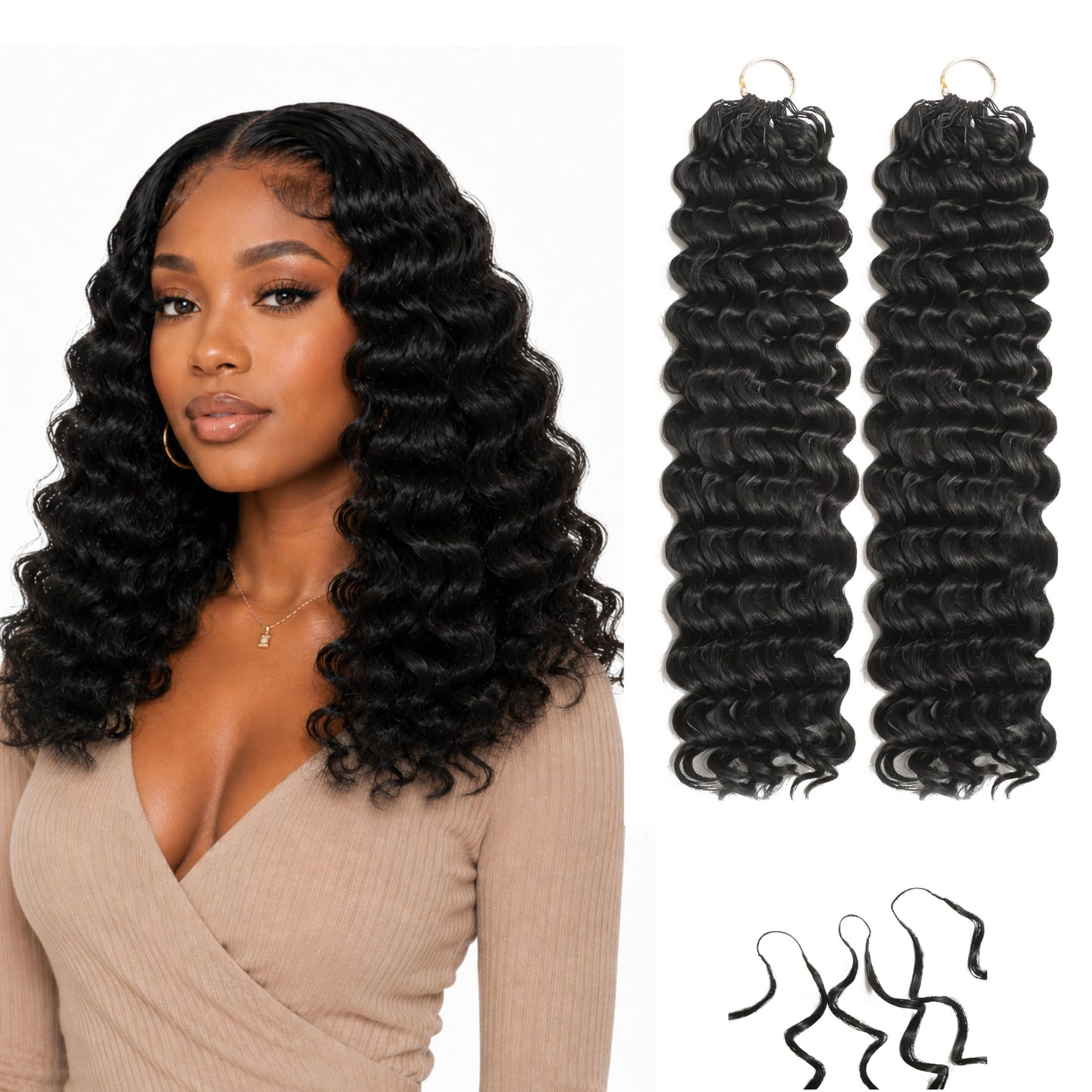 Bromobiz Miracle Knots Hair Feather Crochet Hair for Black Women Deep Wave Texture, 120g 100 Strands Synthetic Fiber, Lightweight and Pre-separated Crochet Hair (16inch, 1B)