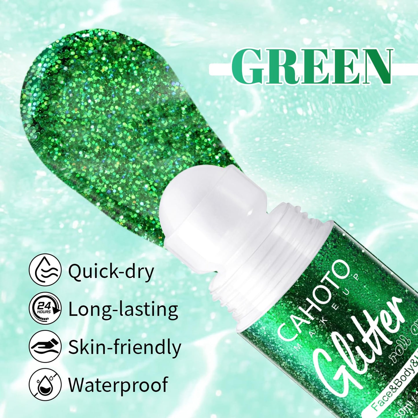 CAHOTO Green Roll-on Glitter for Face Body and Hair, Mermaid Rolling Sequins for St. Patrick's Day, Chameleon Color for Christmas Concerts Rave Festival Mardi Gras Halloween Party Carnival, 1.02fl.oz