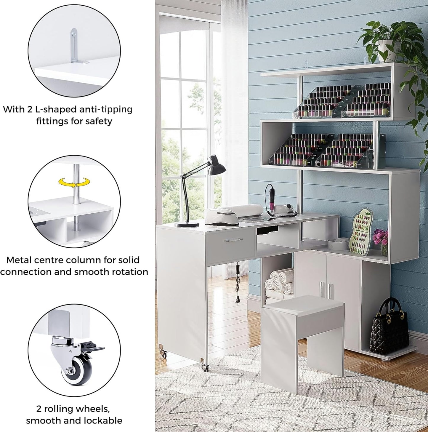 Manicure Table - L-Shaped Nail Desk with Dust Collector & Storage | Mobile Workstation in White