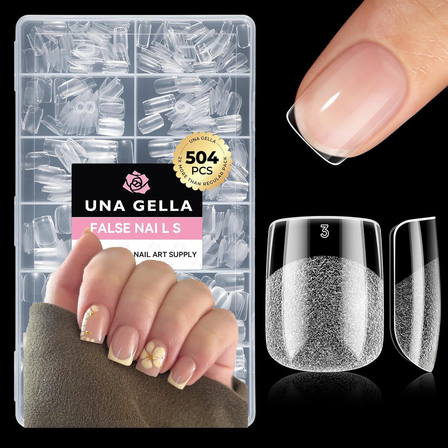 Medium Stiletto Press-On Nails - 504 Pcs Clear Gel Nail Tips | Full Cover Pre-Etched Acrylic, 12 Sizes Available