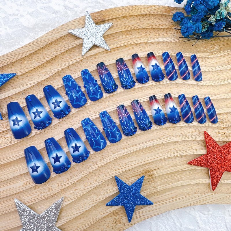24Pcs 4th of July Press-On Nails - Medium Square Acrylic Nails with Blue Rhinestones & Patriotic Star Designs | Independence Day Full Cover