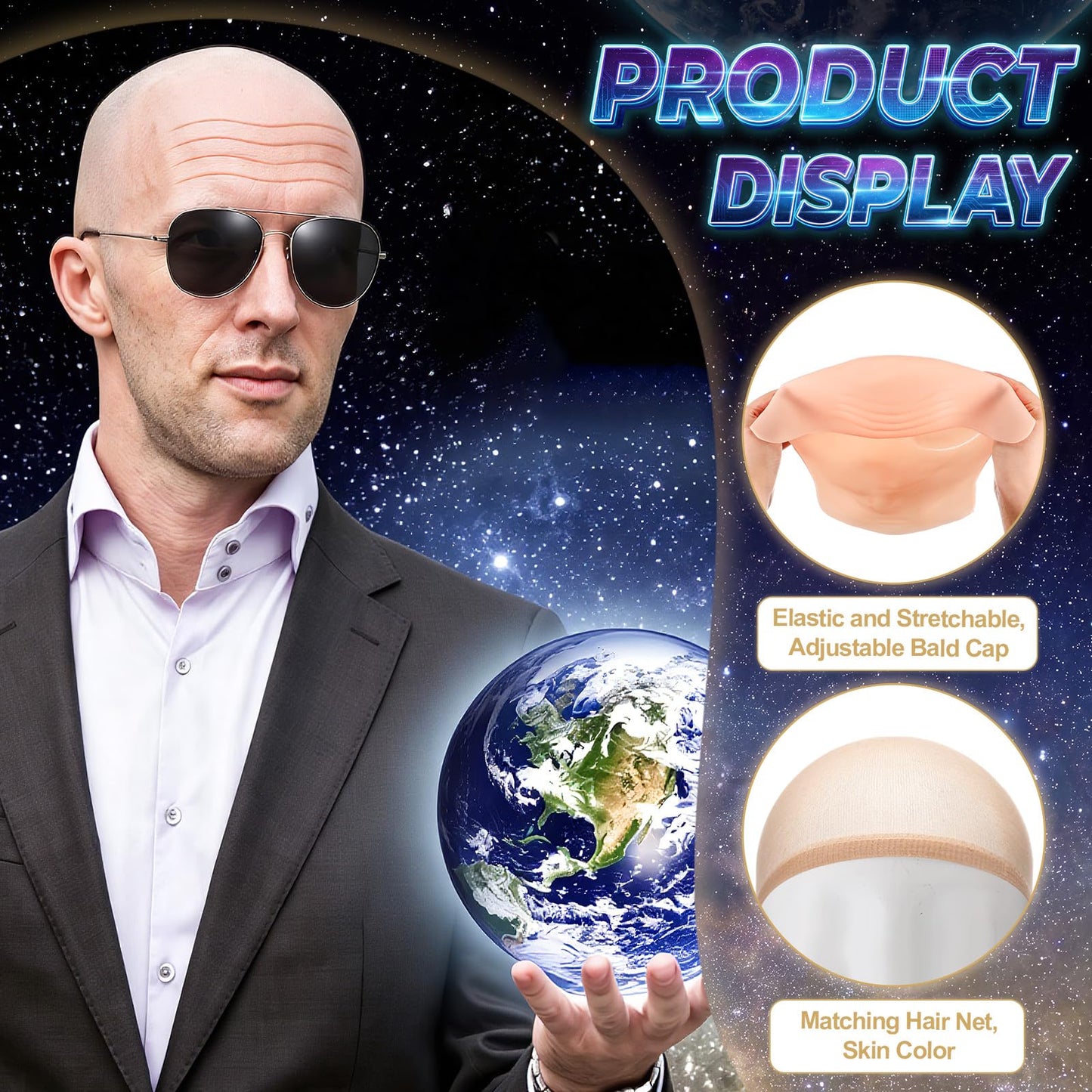 Thiccywoov 18 Pcs Bald Cap with Sunglass Set Makeup Bald Wig Cap Halloween Cosplay Party Costume Accessories for Men Women Adults