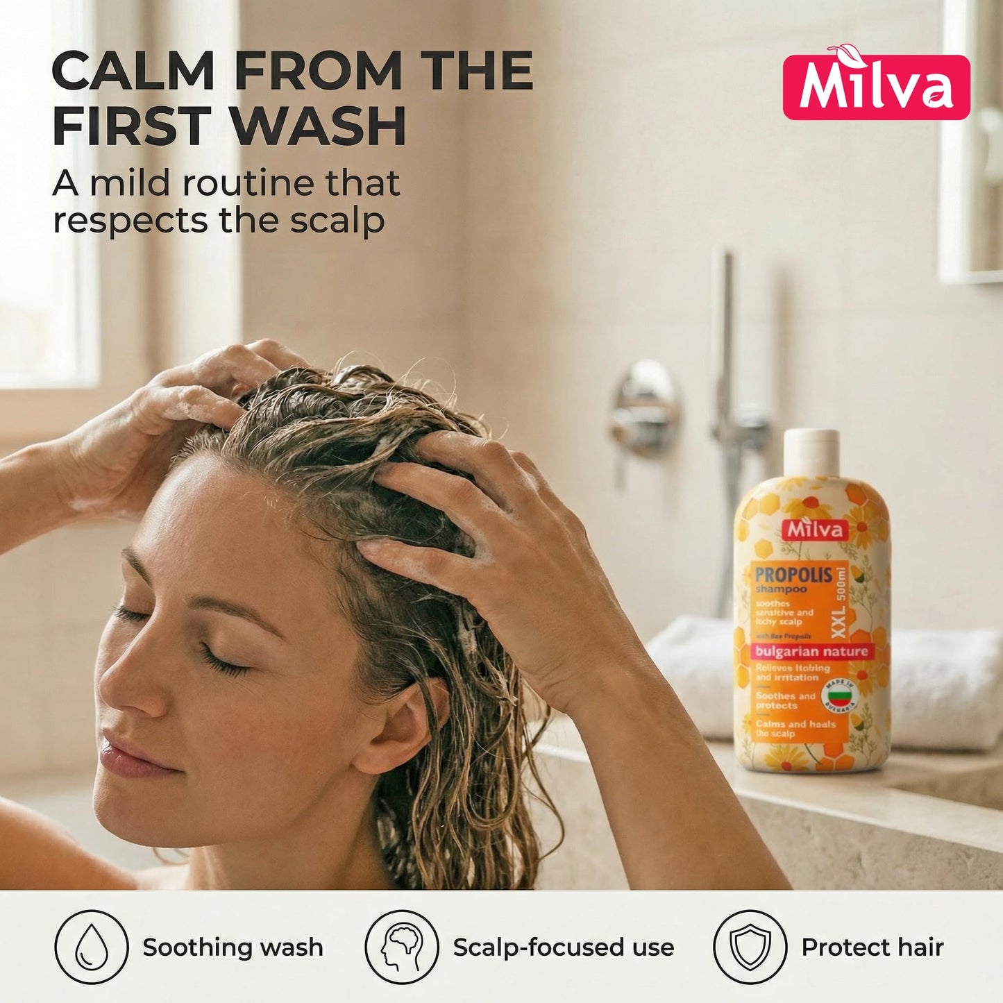 Milva Itchy Scalp Shampoo with Propolis - 6.7 Fl Oz Honey Bee Propolis Shampoo - Itchy Scalp Treatment & Anti Dandruff - Strengthens, Prevents Breakage & Protects Hair - Made in Bulgaria - 200ml