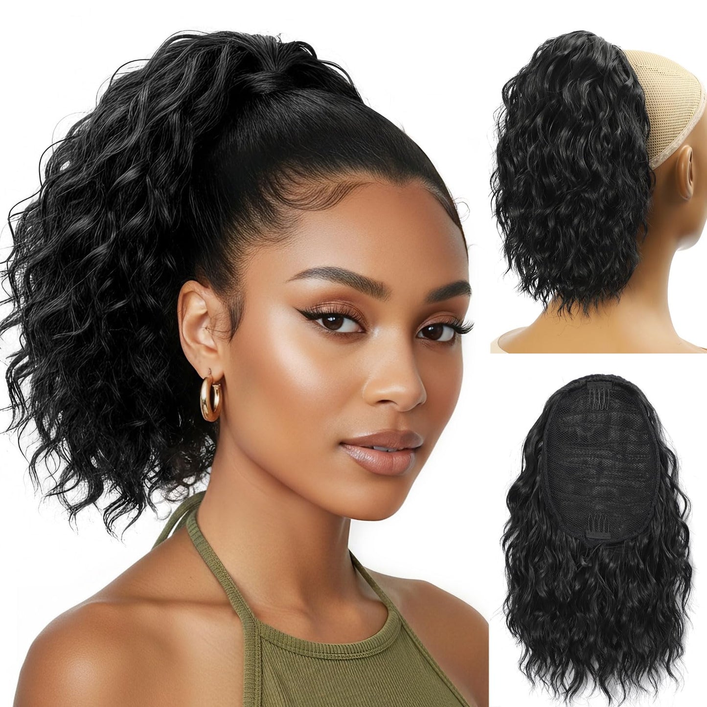Detean 10 inch Ponytail Extension Drawstring Ponytail for Black Women Short Wavy Curly Ponytails Fluffy Natural Looking Pony Tails Hair Extensions Synthetic Hairpiece (1B)