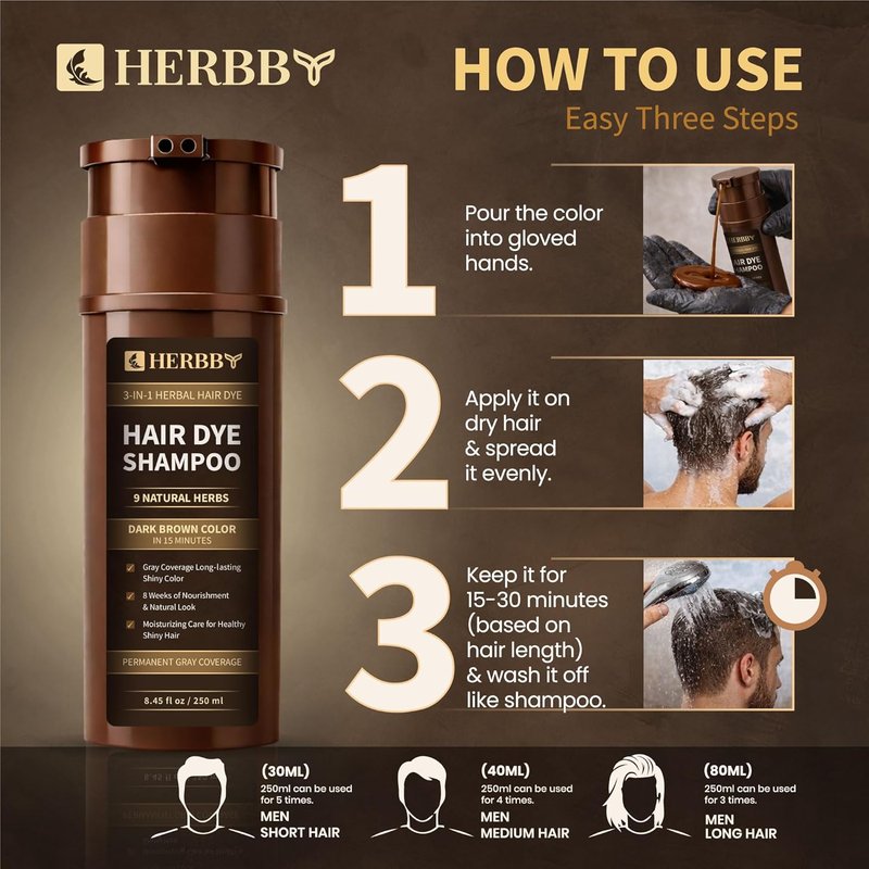 Hair Color Shampoo for Gray Coverage | 9 Herbal Extracts, Long-Lasting Dark Brown, 250ml