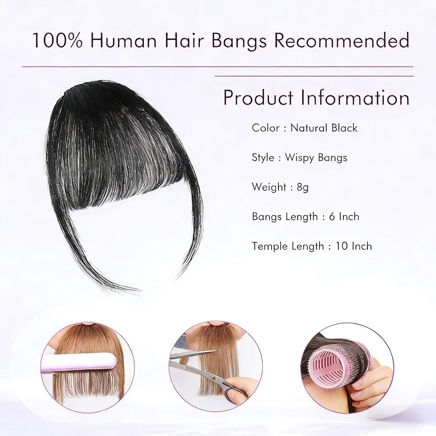 Clip In Bangs - 100% Real Human Hair Extensions | Natural Black Wispy Fringe for Women