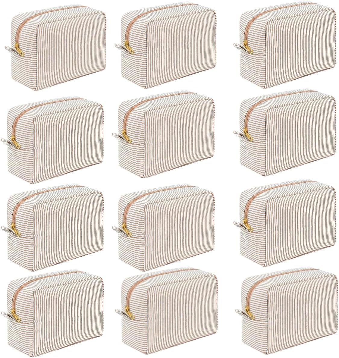 Makeup Bags Set of 6 - Large Seersucker Cosmetic Pouches for Bridesmaid Proposals | Khaki Toiletry Organizers