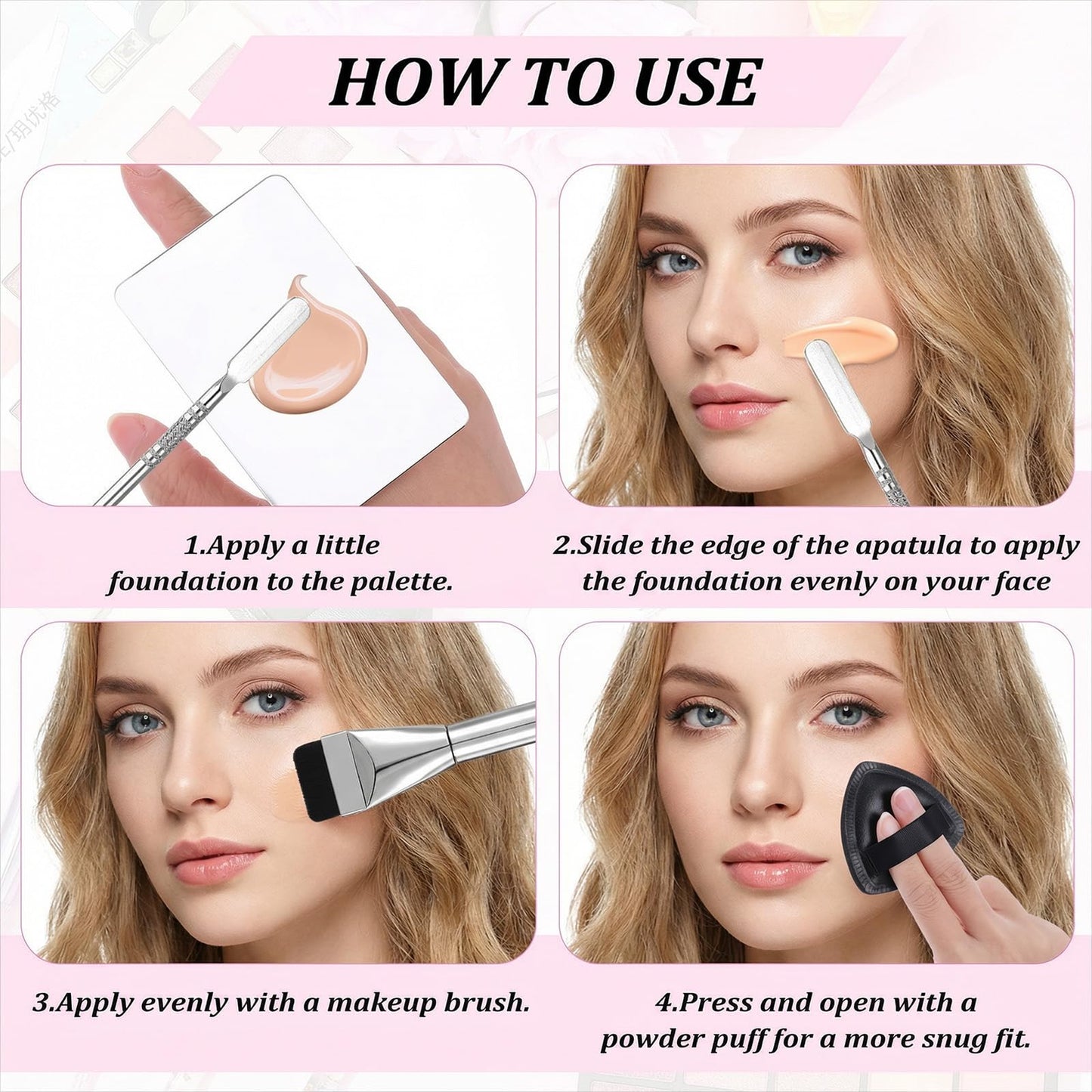HJZHII 4 Pcs Makeup Foundation Mixing Palette Set, Including Makeup Mixing Palette, Double-Ended Spatula, MakeupPuff, Brush, Professional MakeupMixing PaletteSet Makeups PaletteTray (Stainless Steel)