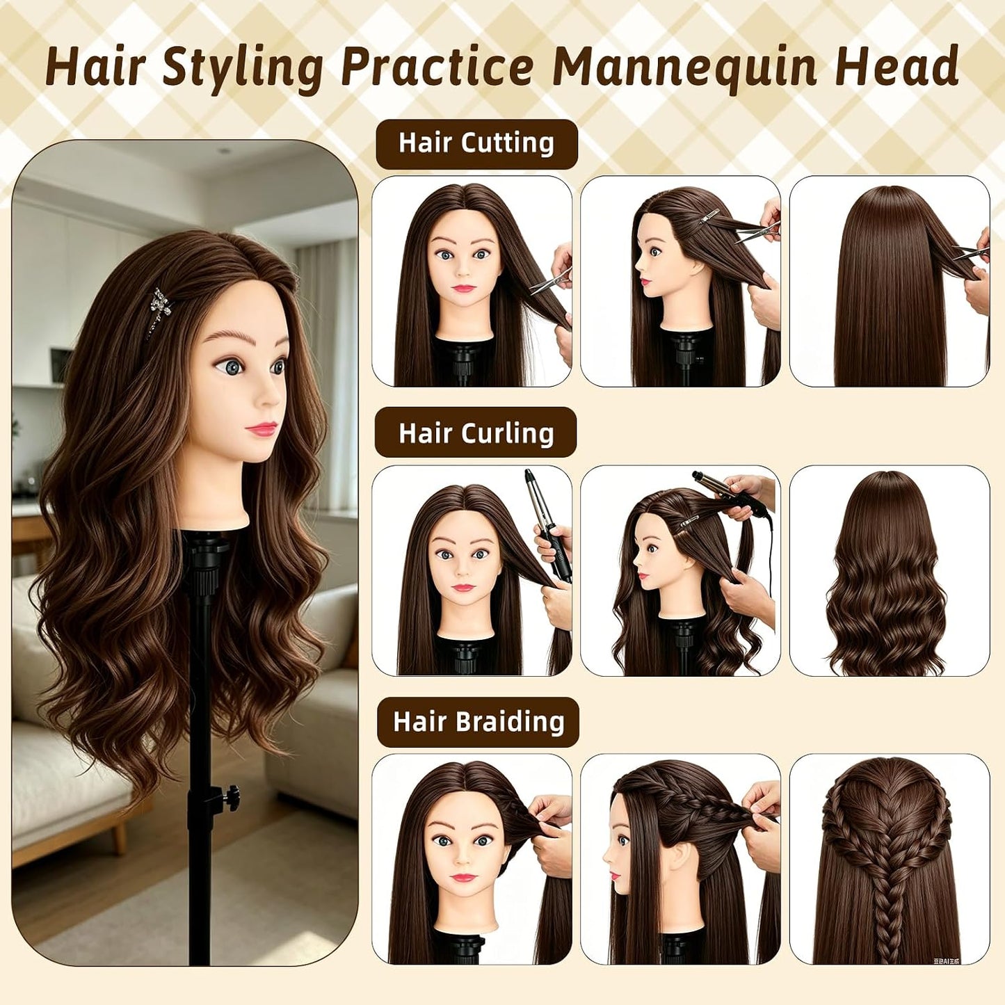 Mannequin Head - 90% Human Hair Styling Doll for Cosmetology | 24" Dark Brown Hairdressing Training Head with Clamp