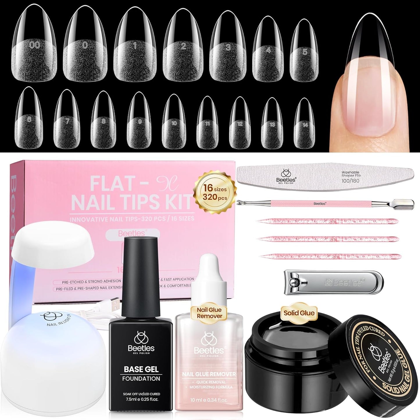 Beetles Gel Nail Kit - Almond Medium 320pcs Nail Tips & Mini Lamp | DIY Acrylic Press-On Nails at Home