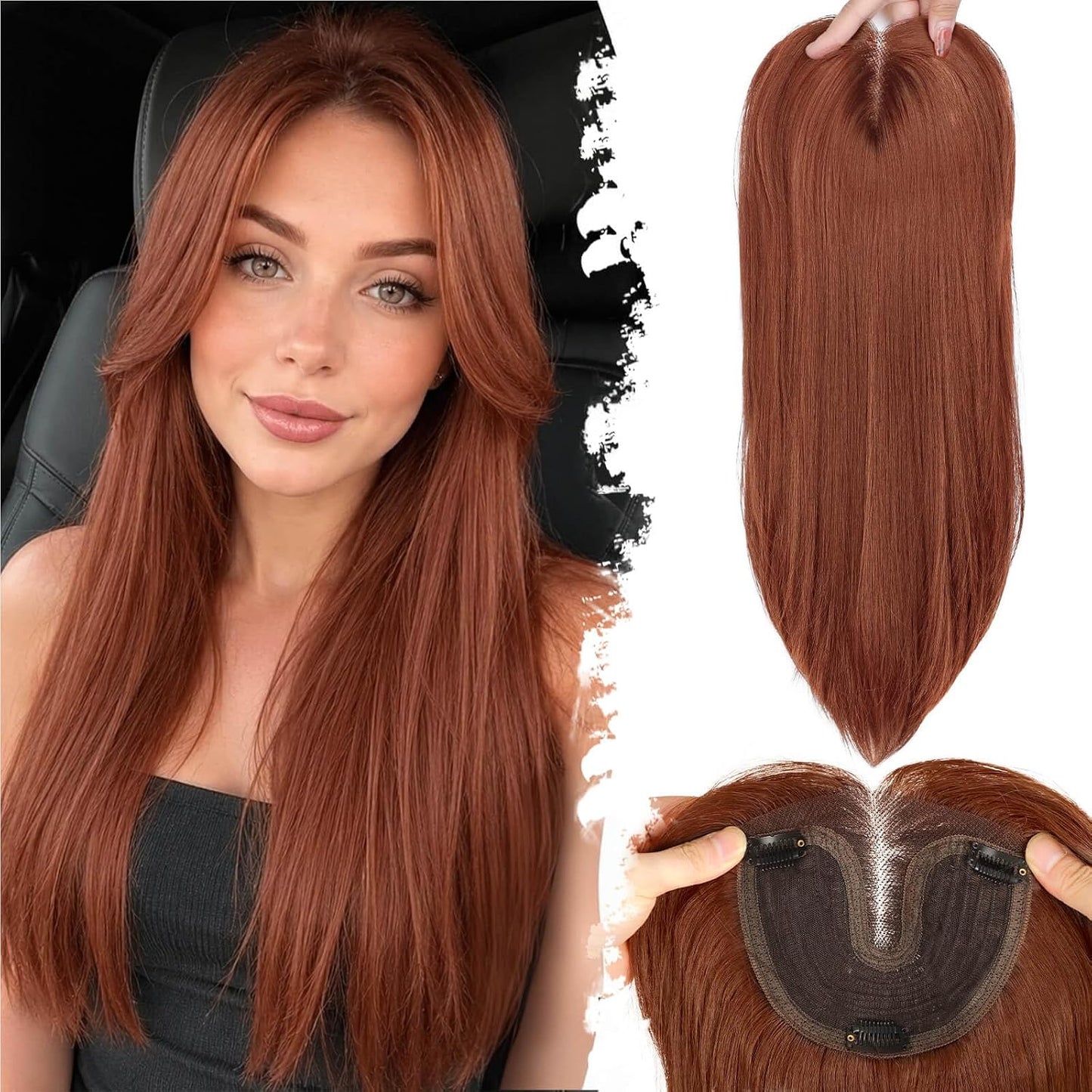 Ash Blonde Synthetic Hair Toppers with Platinum Highlights - 18" Long, 5x6" Base for Thinning Hair, Clip-In Wispy Bangs