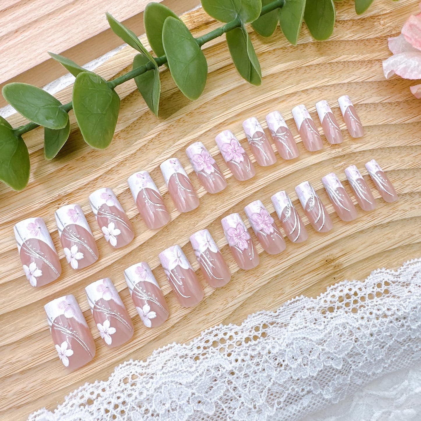 Pink Press-On Nails - 24Pcs Medium Coffin Acrylic Nails with Silver Lines & 3D Flower Design | Floral Full Cover