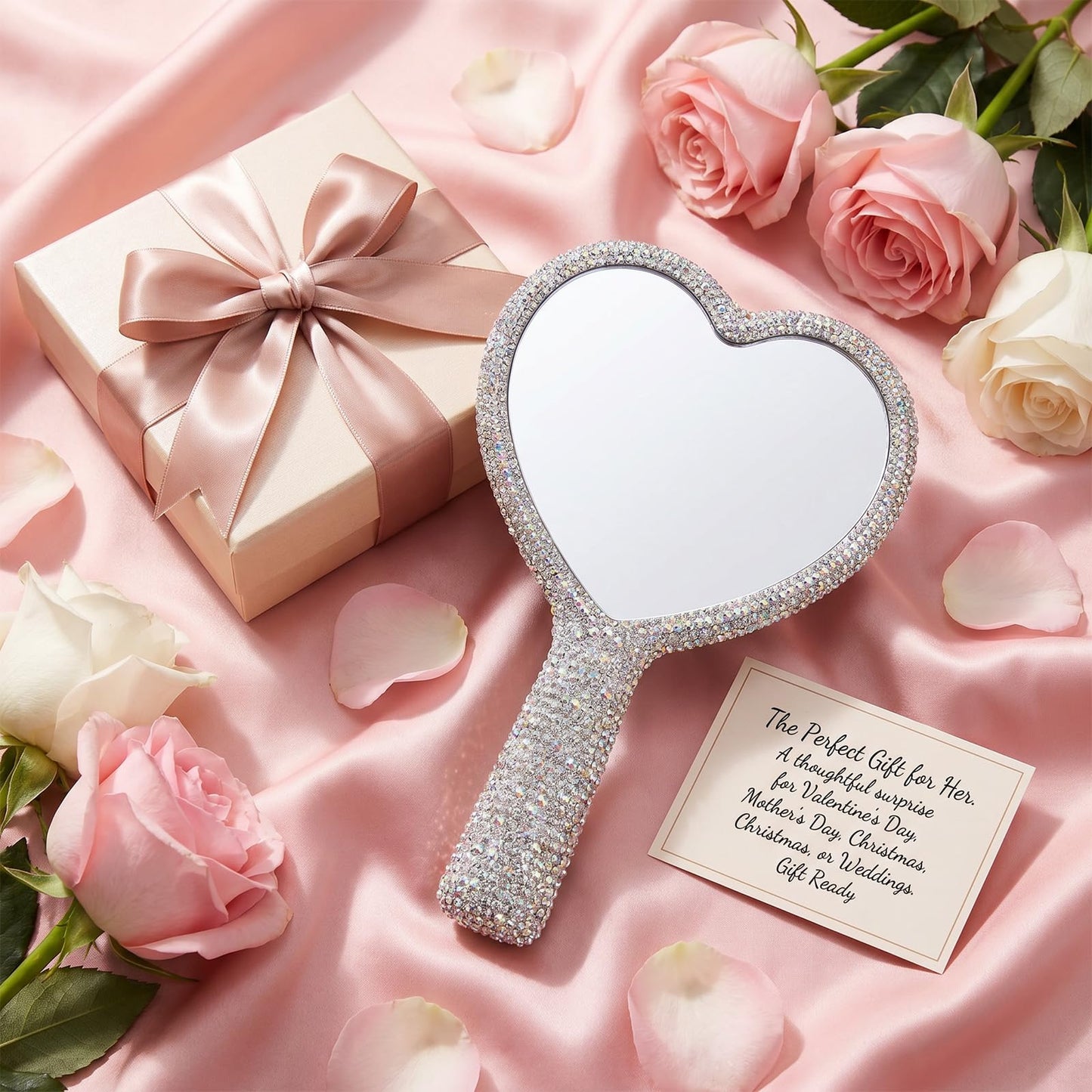 SULIKJHUI Rhinestone Handheld Mirror, Heart Shaped Glitter Cosmetic Mirror with Handle, Wedding & Makeup Accessories for Women, Silver White (6.3 Inch