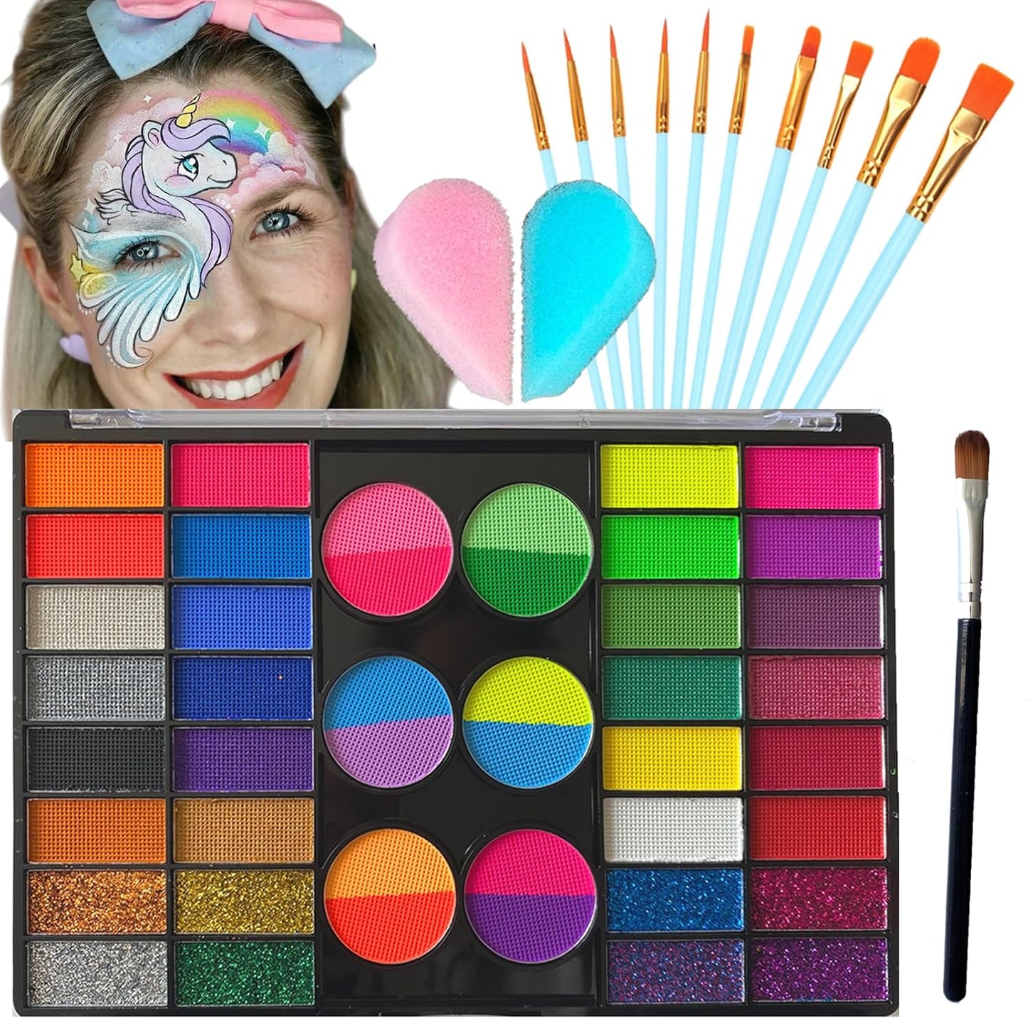 Face Painting Kit for Kids - 42 Color Non-Toxic Water Activated Makeup Set with Brush, Stencil & Sponge | Perfect for Parties & Holidays