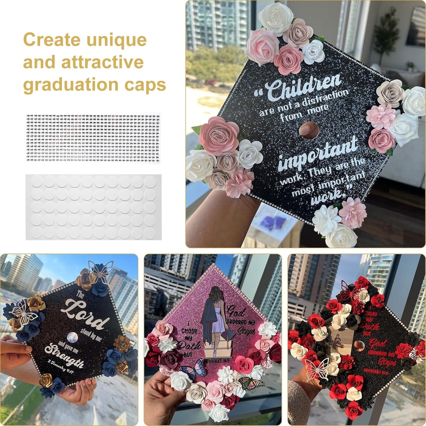 Graduation Cap Decorations Kit - 12 Pcs Glitter Cardstock & 4 Pcs Gemstone Stickers | DIY Grad Cap Toppers