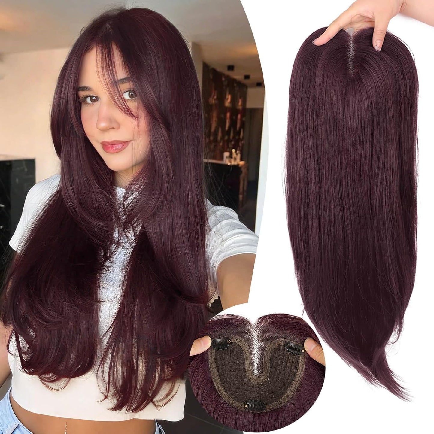 Ash Blonde Synthetic Hair Toppers with Platinum Highlights - 18" Long, 5x6" Base for Thinning Hair, Clip-In Wispy Bangs