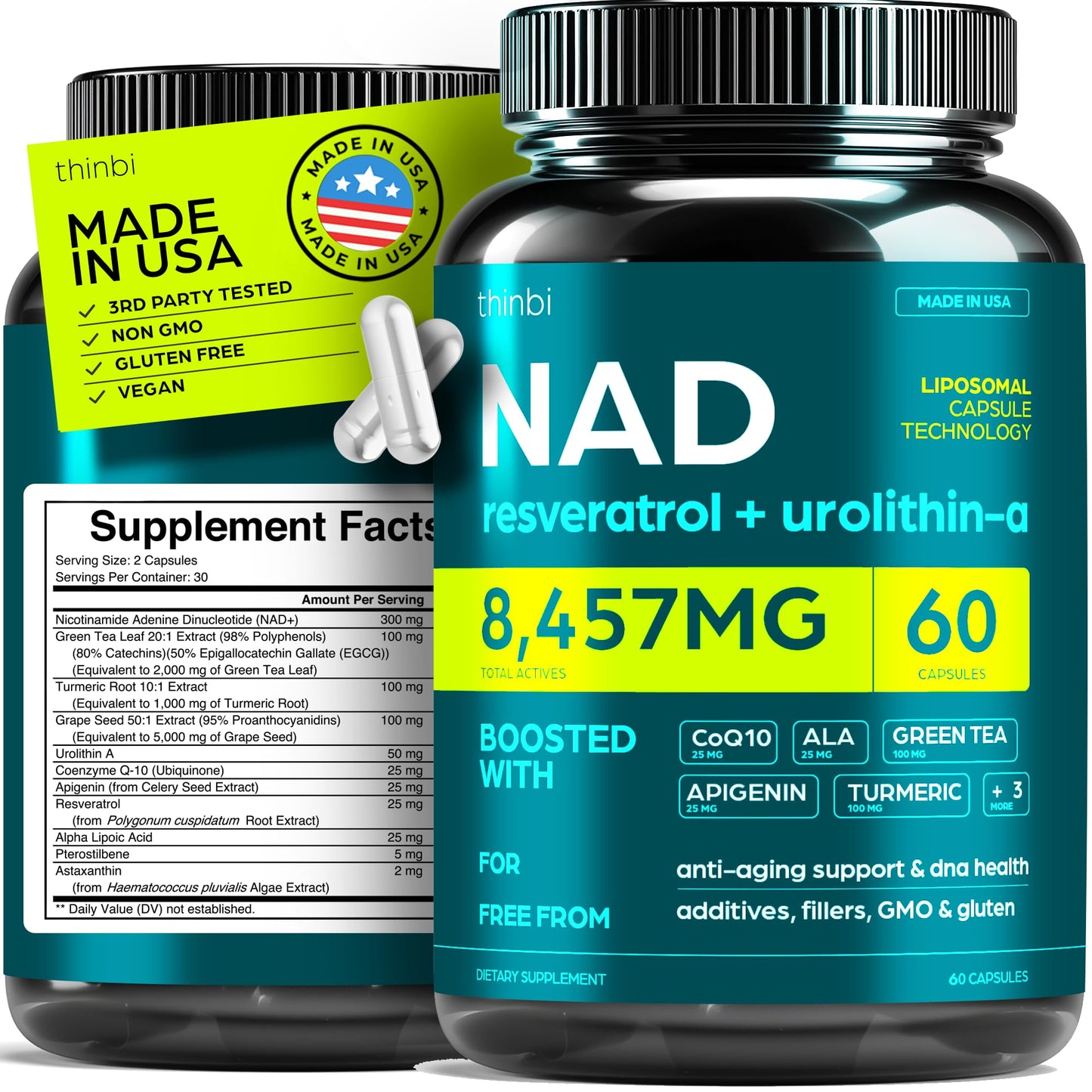 NAD Supplement Extra Strength NMN Alternative Liposomal + Green Tea for Women & Men with Urolithin A, Resveratrol, CoQ10, Alpha Lipoic Acid