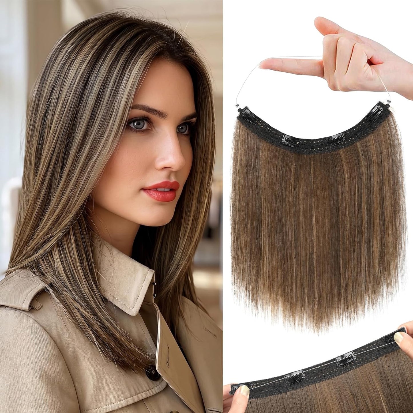 REECHO Invisible Wire Hair Extensions - Thinner Lace Weft, 12-Inch Short Straight Clips | Light Blonde