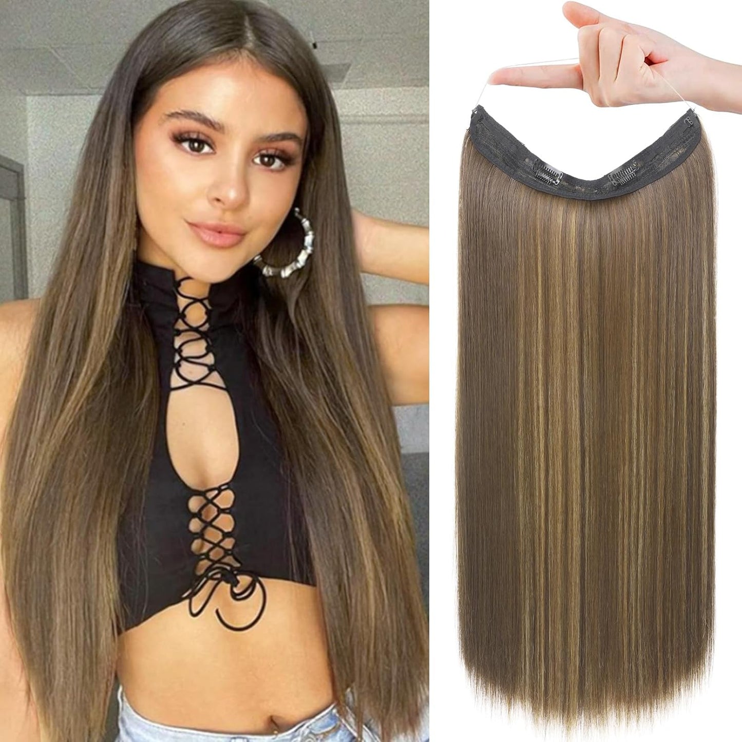 Invisible Wire Hair Extensions - Adjustable Transparent Headband with Secure Clips | Natural Black Hairpiece for Women