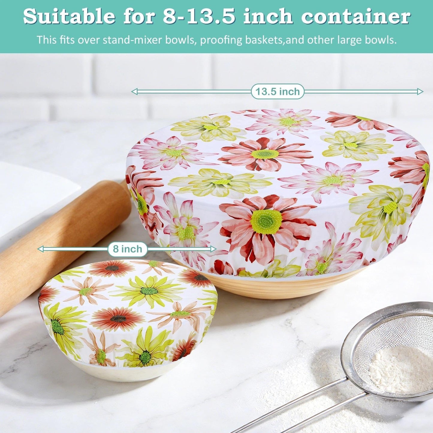 Revahope 2 Large Reusable Beeswax Bowl Covers for Bread Proofing, 10/12 Inch Elastic Beeswax Wraps Cotton Cloth Sourdough Bowl Covers for Proofing Baskets, Mixer Bowls, Food Storage Containers