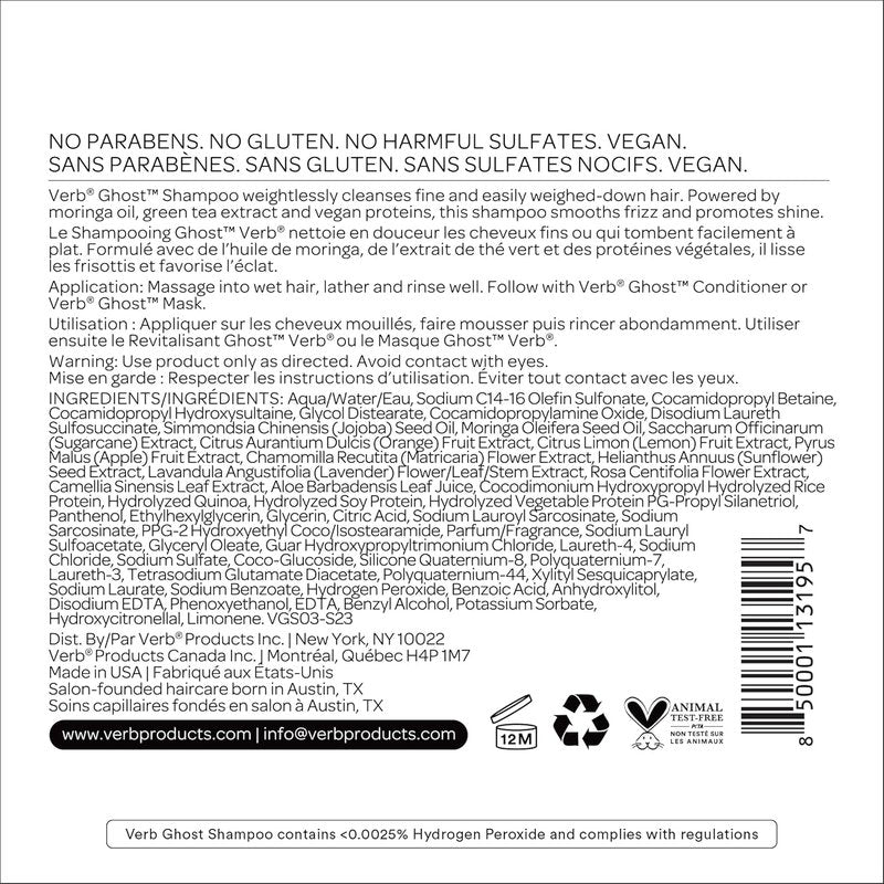 VERB Ghost Shampoo - Moringa Oil for Fine Hair - Vegan, Sulfate-Free | 12 oz