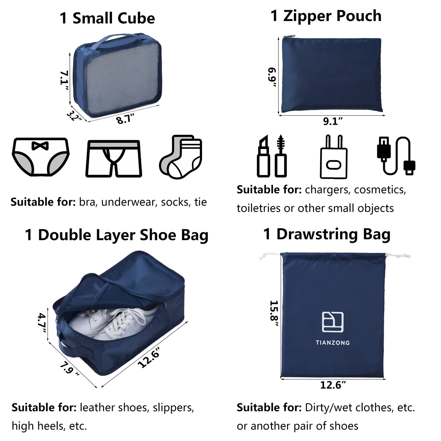Tianzong 7-piece Set Packing Cubes, Travel Bags for Luggage, Packing Organizers with Shoe Bag (Navy Blue)