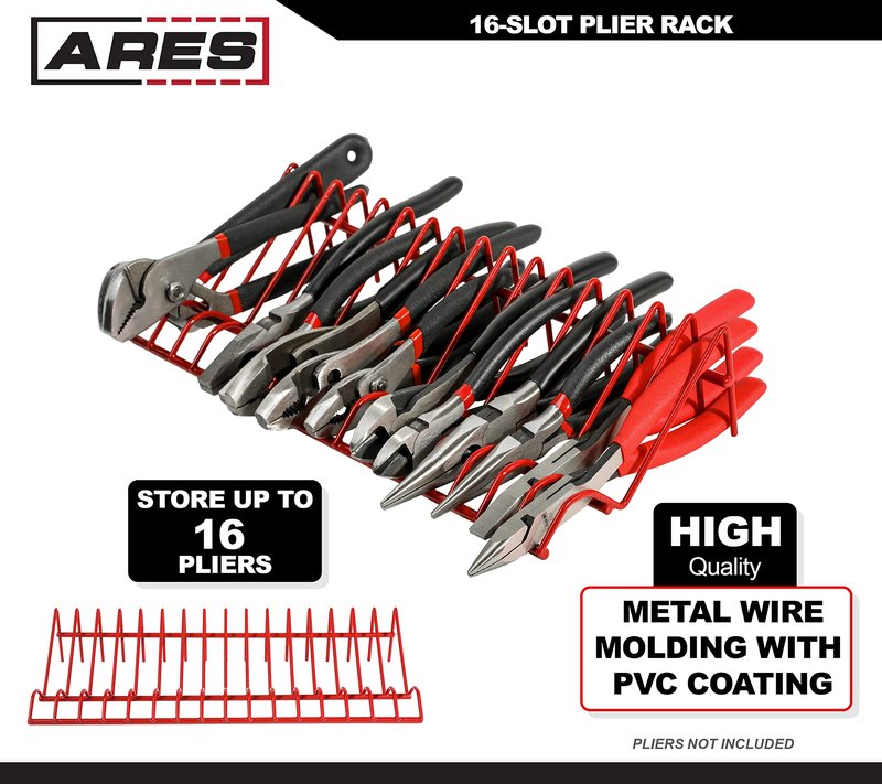 ARES 62003 - Red 16-Slot Plier Rack - Keep Pliers Organized in Tool Drawer - 3/4-Inch Slots Fit Most Plier - PVC Coating Protects Pliers and Prevents Slippage