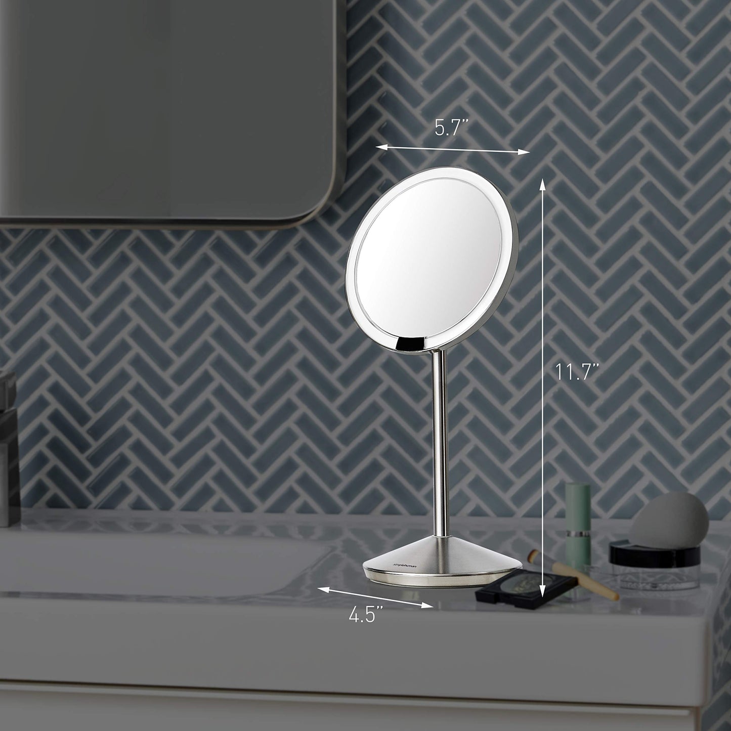 simplehuman 5" Round Rechargeable Mini Travel Sensor Makeup Mirror (2014 Model, Discontinued), 10x Magnification, Brushed Stainless Steel
