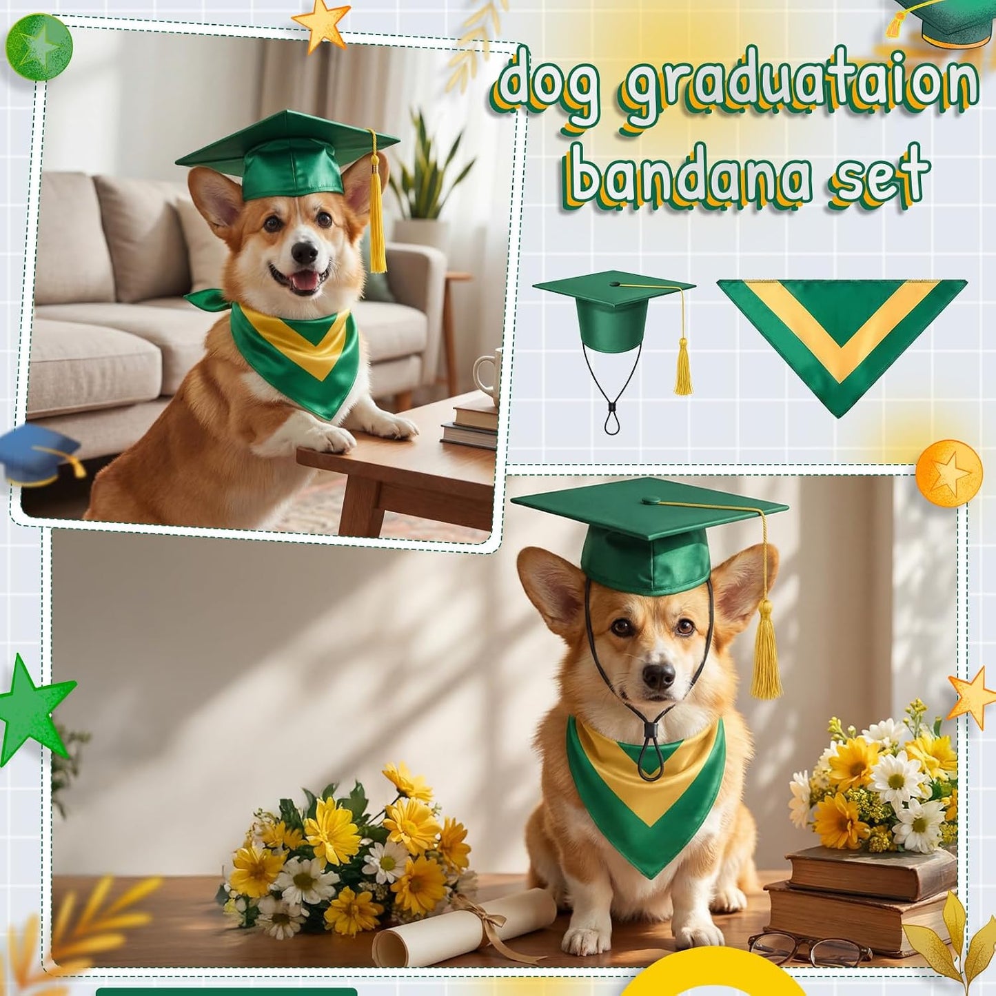 Dog Graduation Cap and Bandana Costume Set - Adjustable, Washable Pet Outfits for 2026 | Yellow, Small