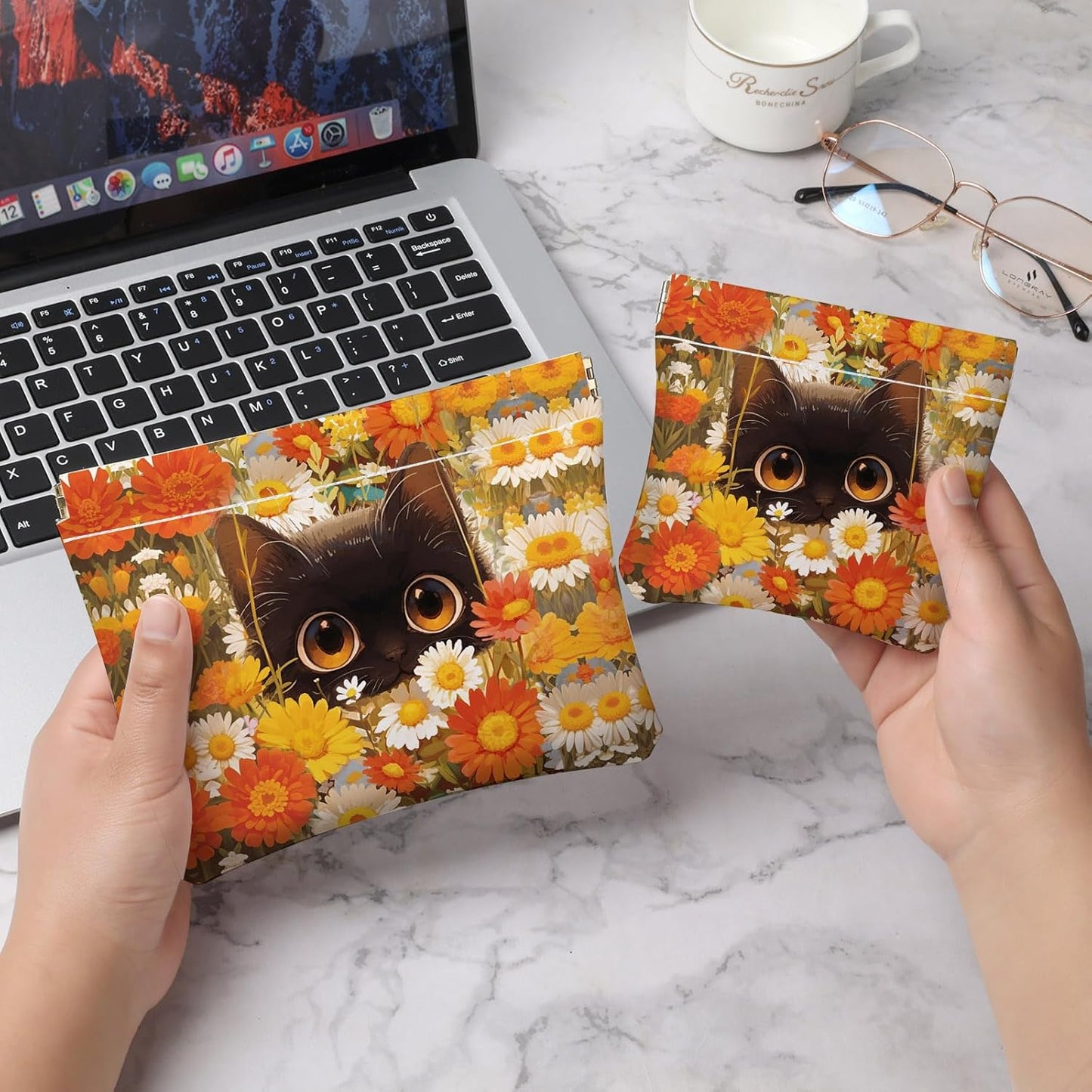 Makeup Bag Set - 2 PCS PU Leather Cosmetic Pouches for Travel | Self-Closing, Portable Design with Orange Flowers and Cats