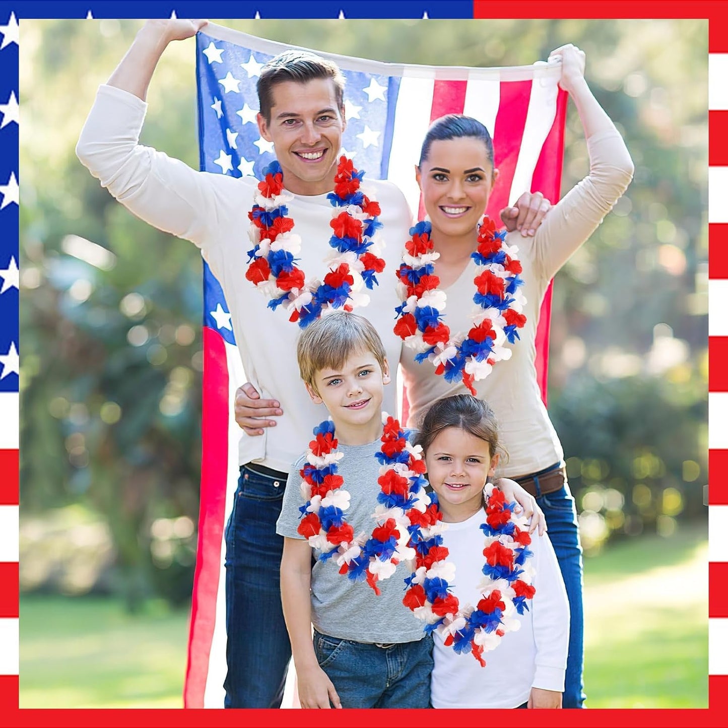 Patriotic Leis - 24 Pack Red White and Blue Flower Necklaces for 4th of July | Hawaiian Luau Decorations