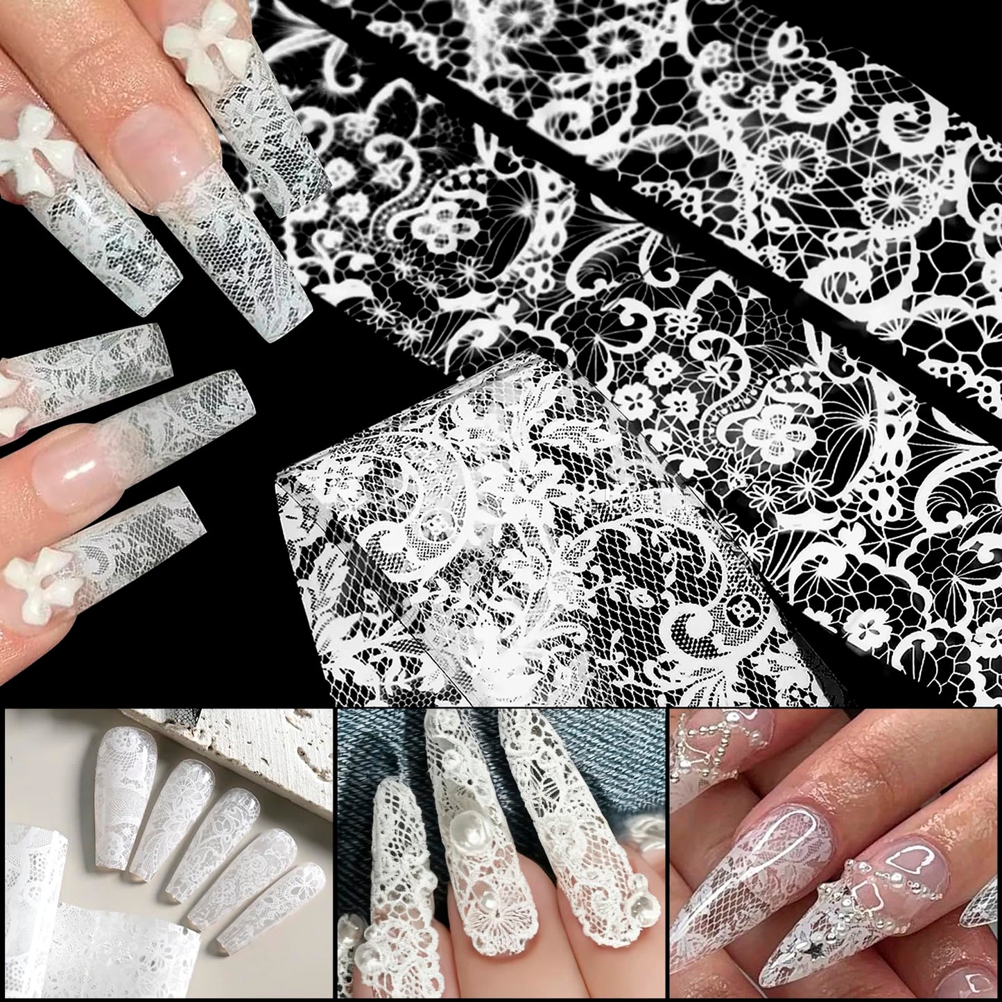 MOLILON 10 Rolls White Lace Nail Foil, Lace Nail Art Foil Transfer Stickers Decals, Holographic Foils for Nails Design, Manicure Stickers for DIY Acrylic Nails Decoration