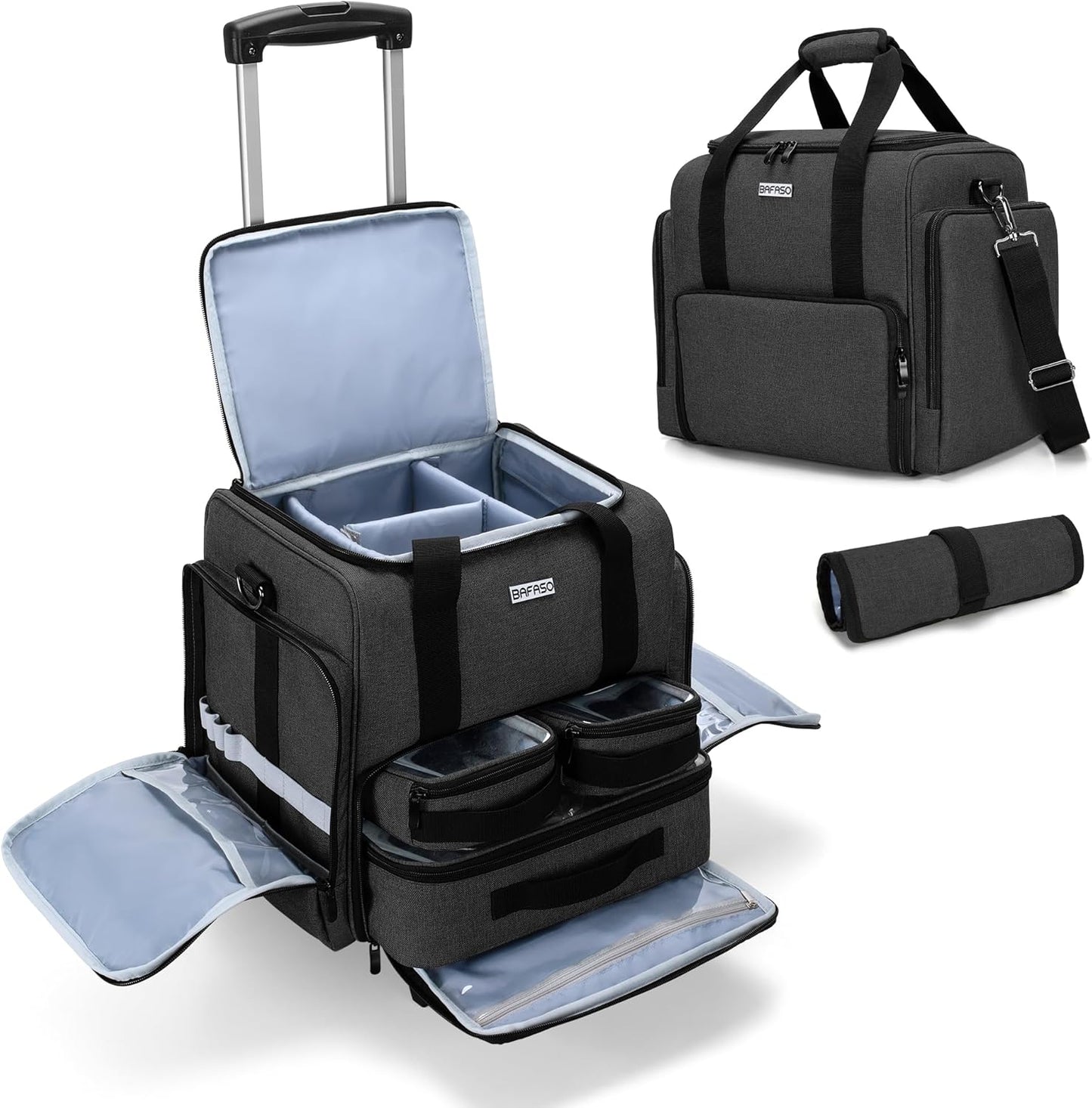 Rolling Makeup Case - Professional Cosmetic Train Case with 3 Removable Pouches & Brush Bag | Black