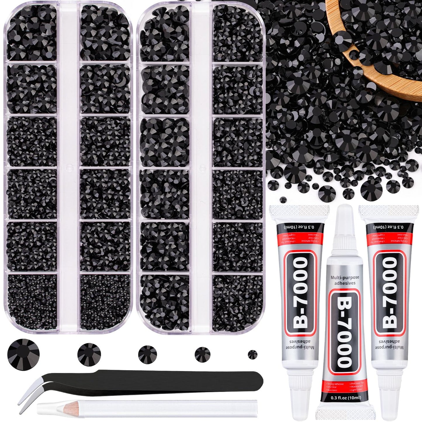 Resin Rhinestones - 32000 Pcs Flatback Gems for Bedazzling | Silver Clear Crystal Kit with 3 Pcs B7000 Glue for Nail Art & Crafts