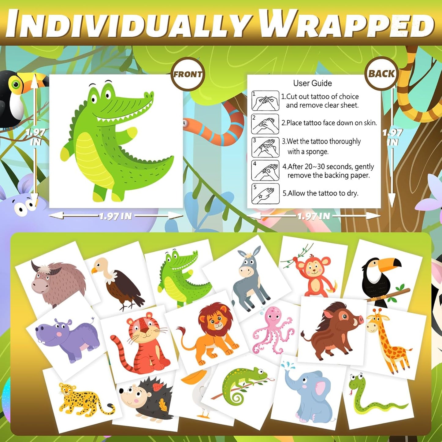 Winthrop 240 Pcs Animal Temporary Tattoos for Kids - Waterproof Jungle Designs | Perfect for Birthday Parties & Classroom Games
