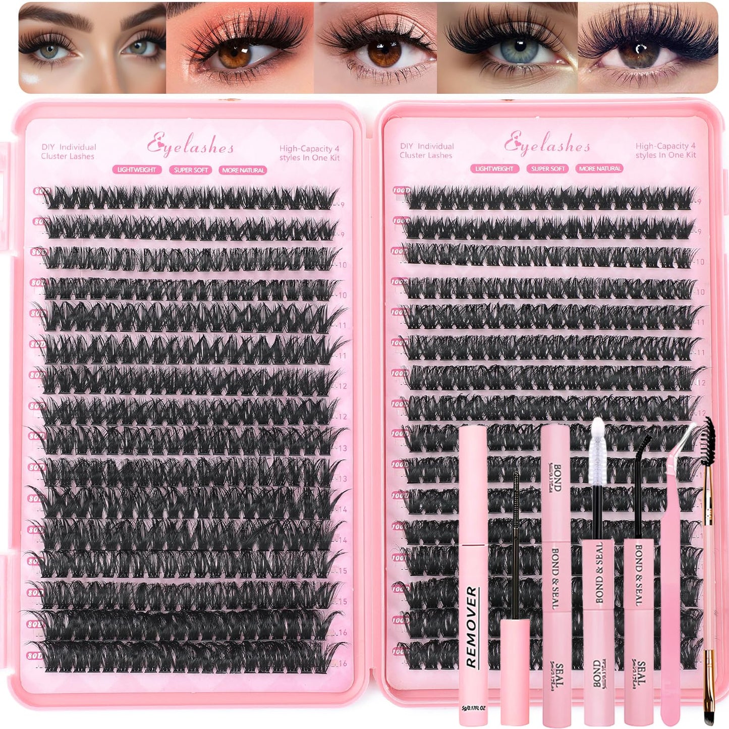 Lash Clusters Kit - 640 Pcs Fluffy Wispy Individual Eyelashes 9-16mm D Curl | Thin Band with Tweezers & Bond Seal