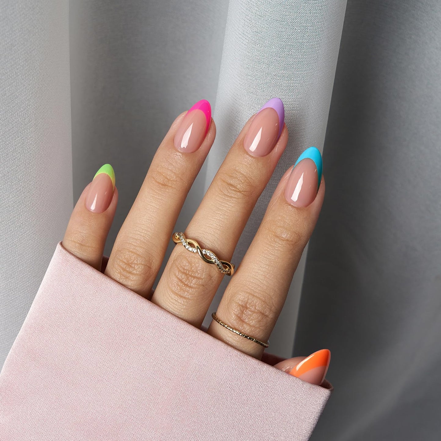 BTArtboxnails XCOATTIPS French Gel Nails - French Tip Press on Nails, Short Almond Nail Tips, Bright Pastel Soft Gel Nails False Nail, Soak Off Acrylic Fake Nails Art Extensions
