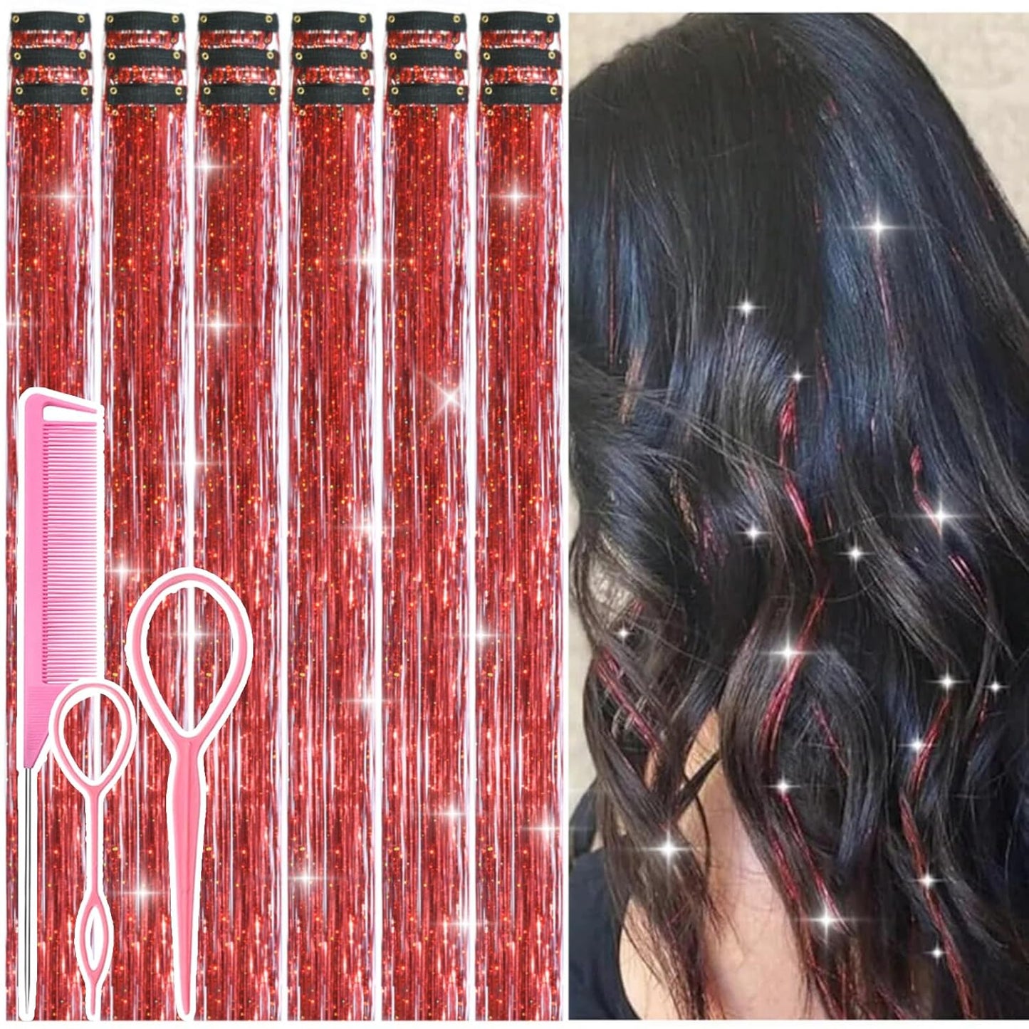 Hair Tinsel Kit - 12 Pcs 24 Inch Gold Glitter Clip-In Hair Extensions for Girls & Women | Perfect for Christmas & New Year Parties
