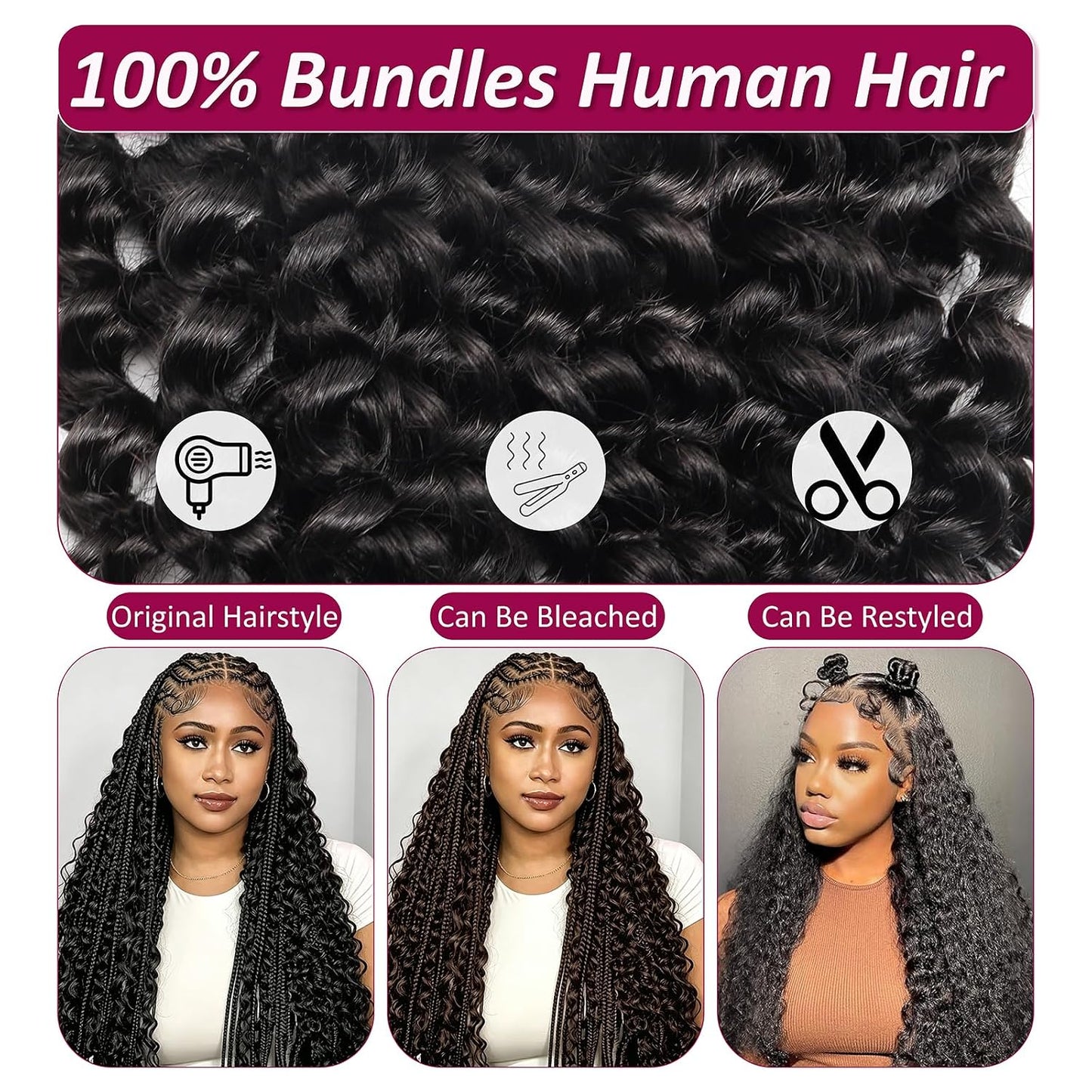 Water Wave Human Braiding Hair - 16 Inch Deep Curly Bundles for Boho Braids | 110g Natural Black
