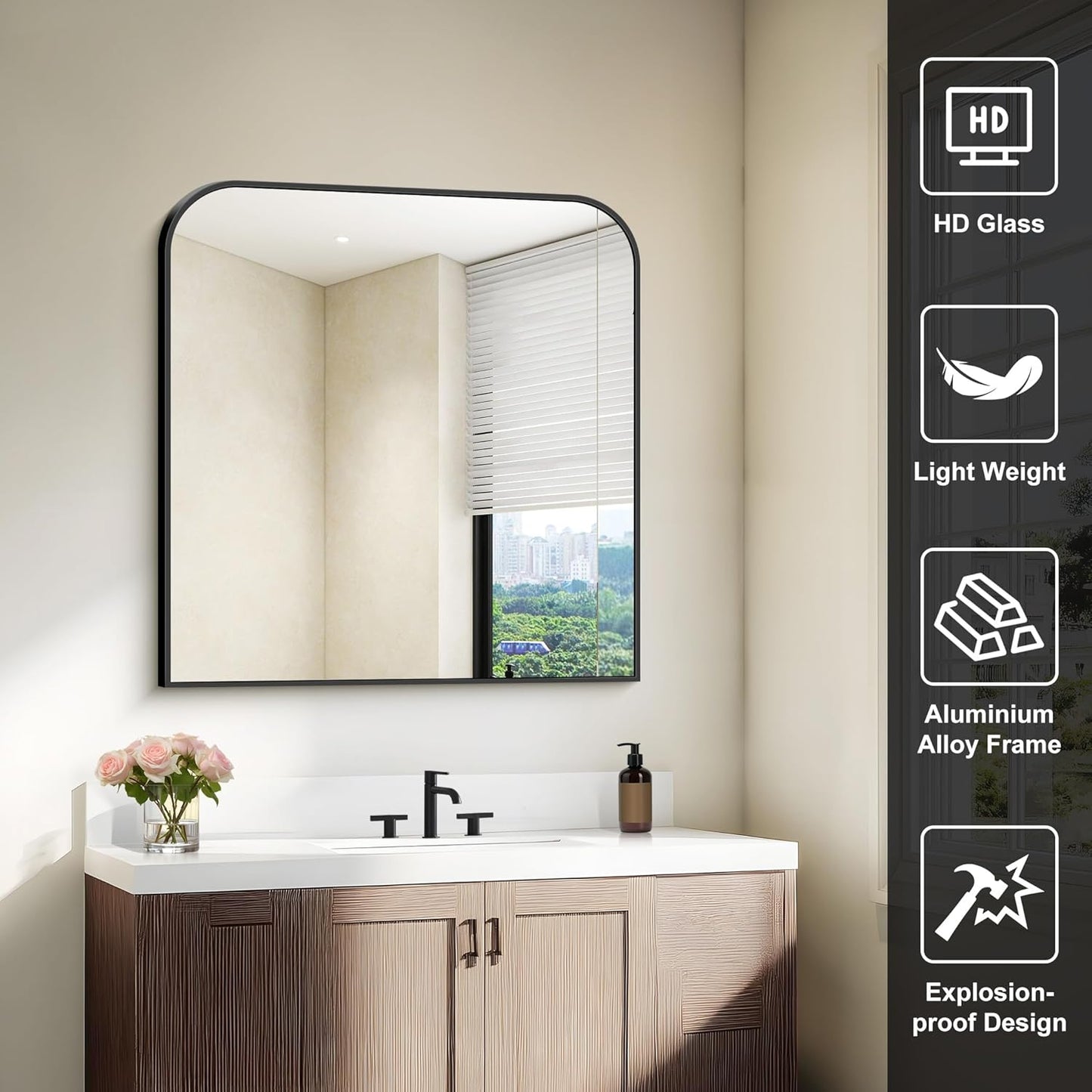 Bathroom Mirror - 30x30 Inch Black Square Wall Mounted Design | Thin Frame for Vanity, Entryway, Living Room, Bedroom