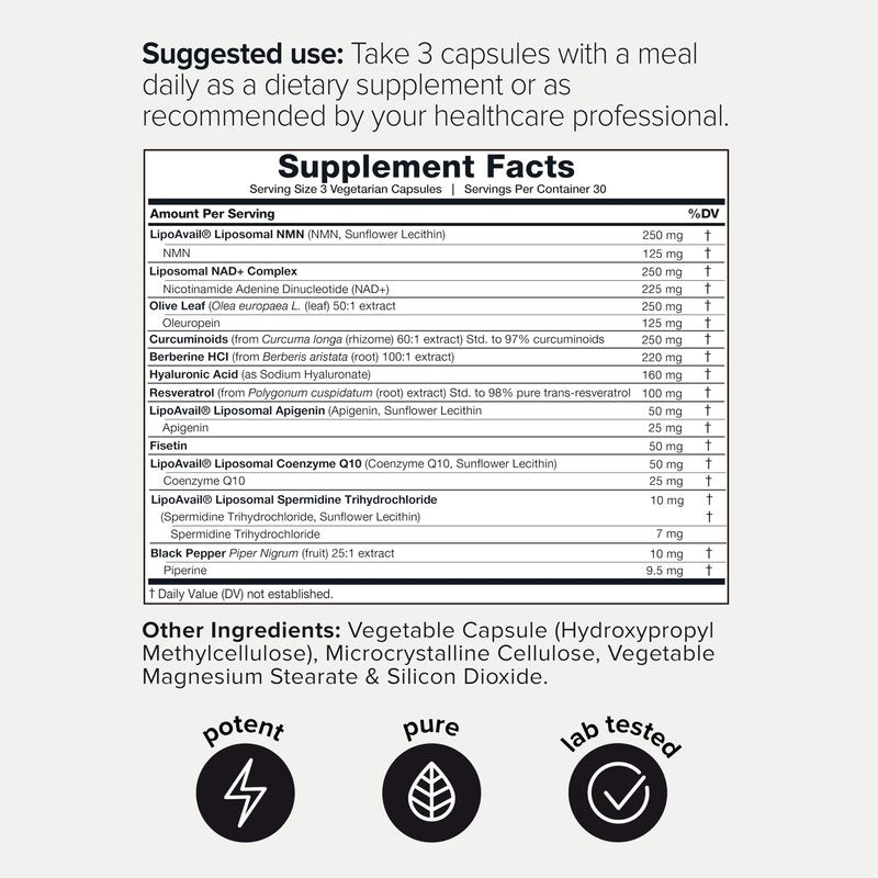 Toniiq NMN 12-in-1 Complex – 5 Liposomal Ingredients NMN, NAD+, CoQ10, Spermidine & Apigenin for Enhanced Absorption – Plus Resveratrol, Fisetin, Berberine & More – 90 Vegetarian Capsules