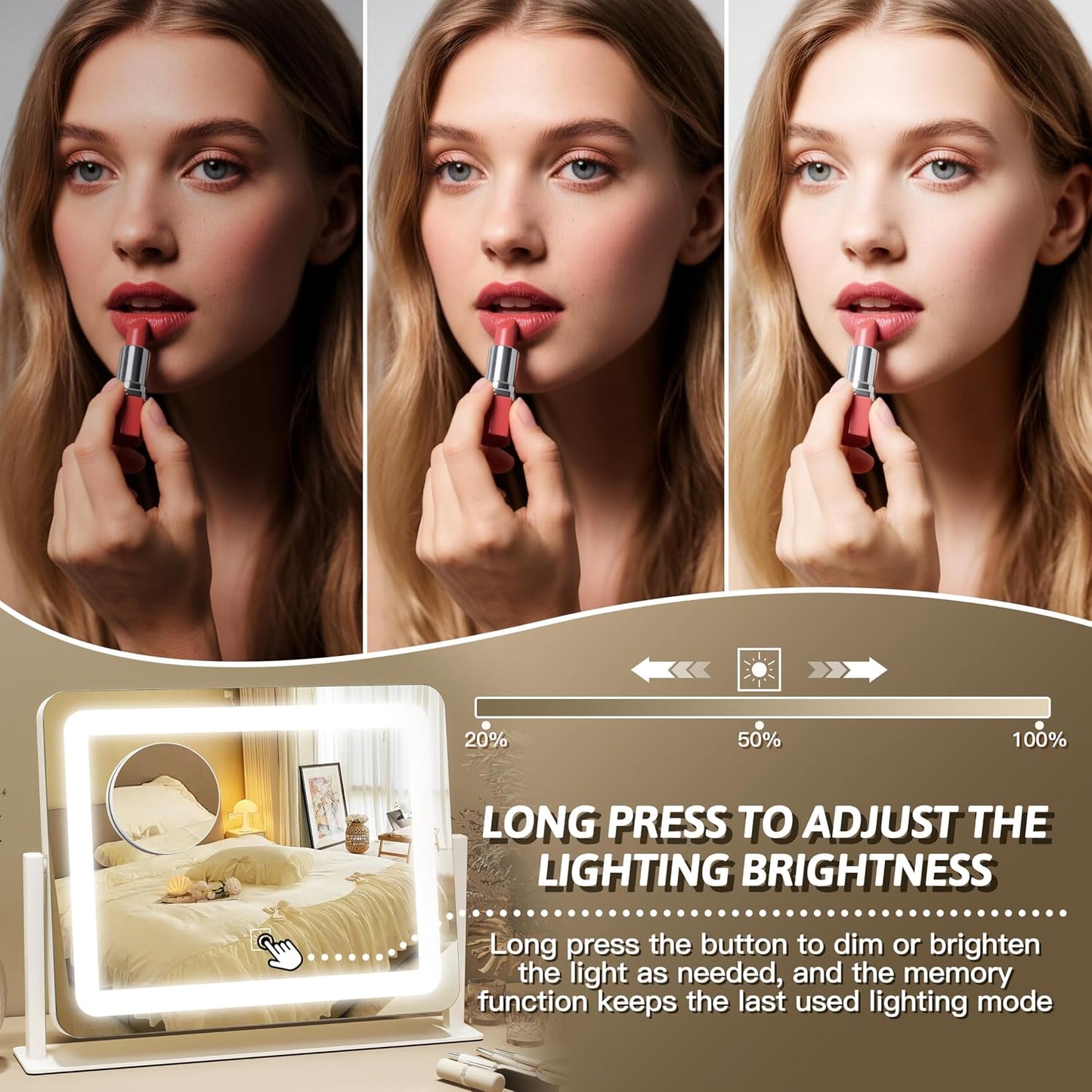 Lighted Makeup Mirror with Smart Touch Control - 12" x 16" LED Vanity Mirror, 3 Color Modes, 10X Magnification, 360° Rotation