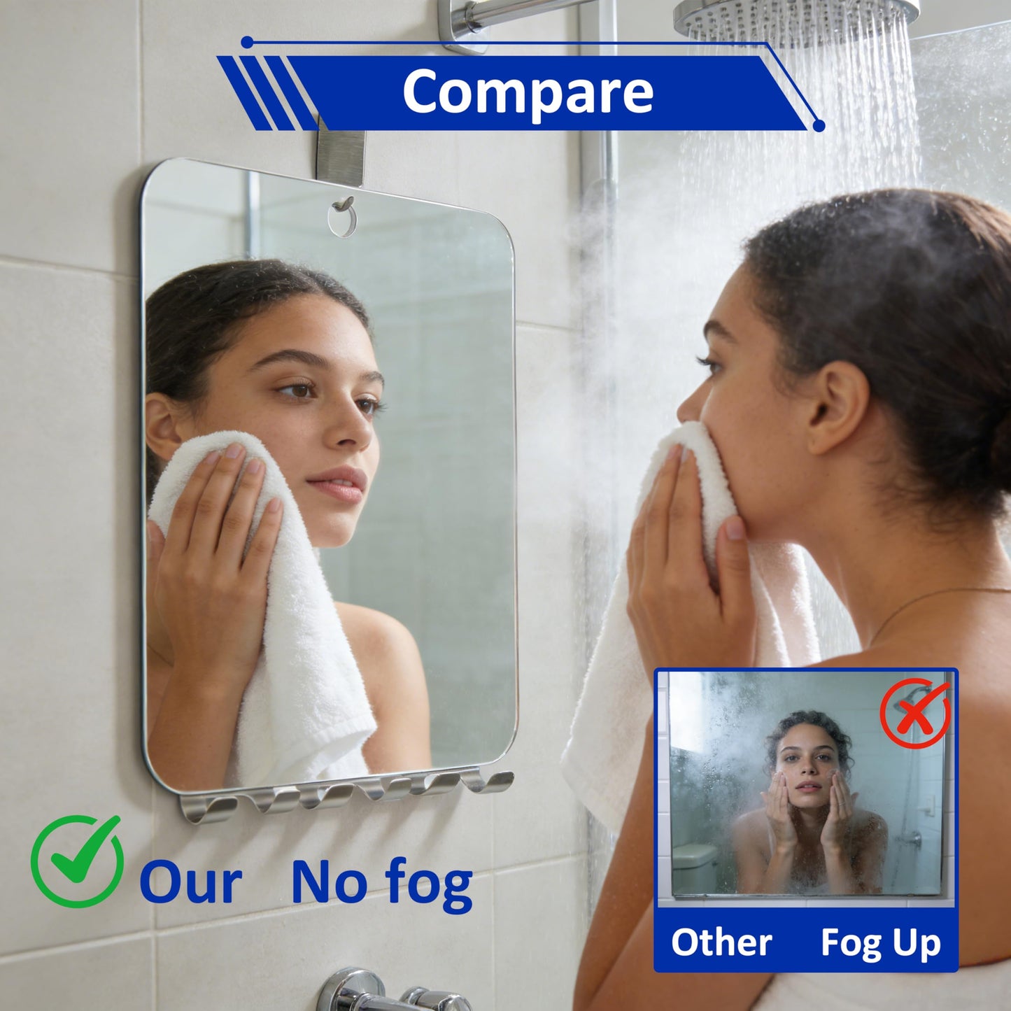 Yuibthr Large Fogless Shower Mirror for Shaving with 3 Razor Holders, Anti-Fog Hanging Wall Mirror for Men Women, Essential Fog Free Bathroom Shower Accessories with Adhesive Hook (10”L x 8”W)