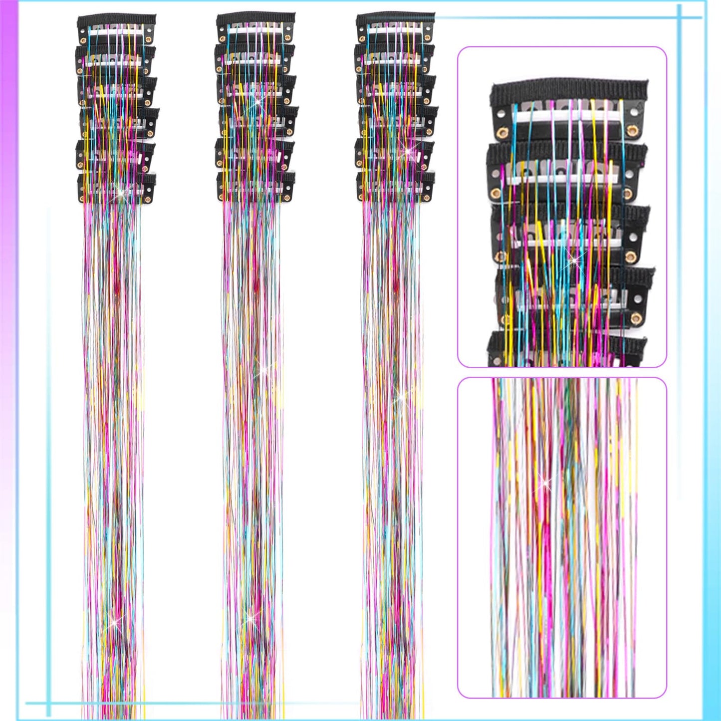 Qianyu 18 Pcs Hair Tinsel Clip in Colorful Glitter Tinsel Hair Extensions Shiny Sparkling Fairy Clips Party Dazzling Head Accessories for Festival Kids Women Girls (Rainbow)
