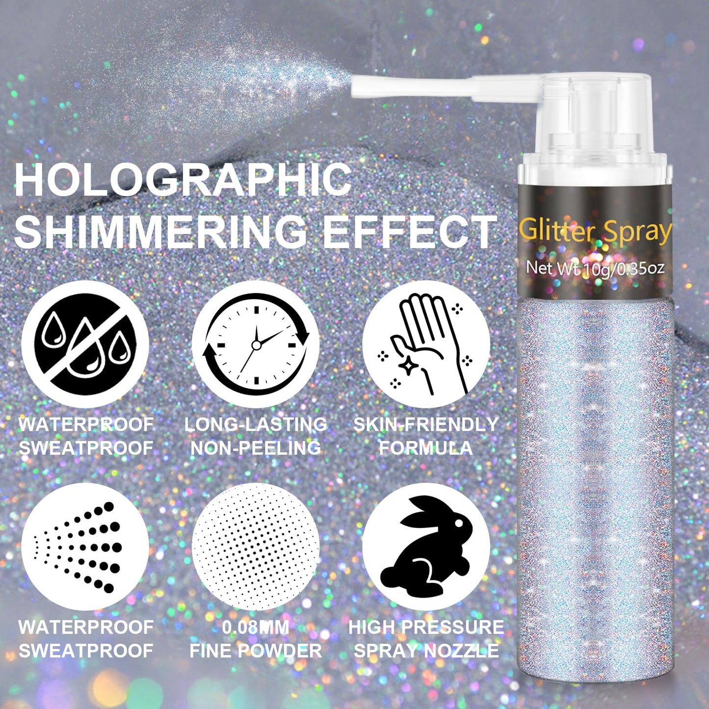 Glitter Spray, Ultra Fine Sparkle Resin Glitter Powder, Long Lasting Shimmer for Hair Body Makeup, Rave Festival Prom, DIY Crafts Clothes Accessories(Glint-Rainbow)