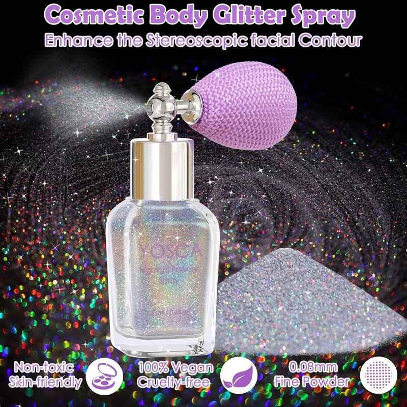 Yosca Body Glitter Spray - Holographic Loose Laser Shimmer Powder for Makeup | 30ML Silver Glitter for Hair, Face & Nails - Rainy Rainbow