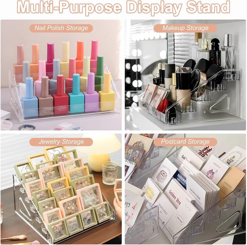 Nail Polish Organizer - Clear Acrylic Makeup Stand & Eyeglasses Display Rack | 3-Tier Storage Tray